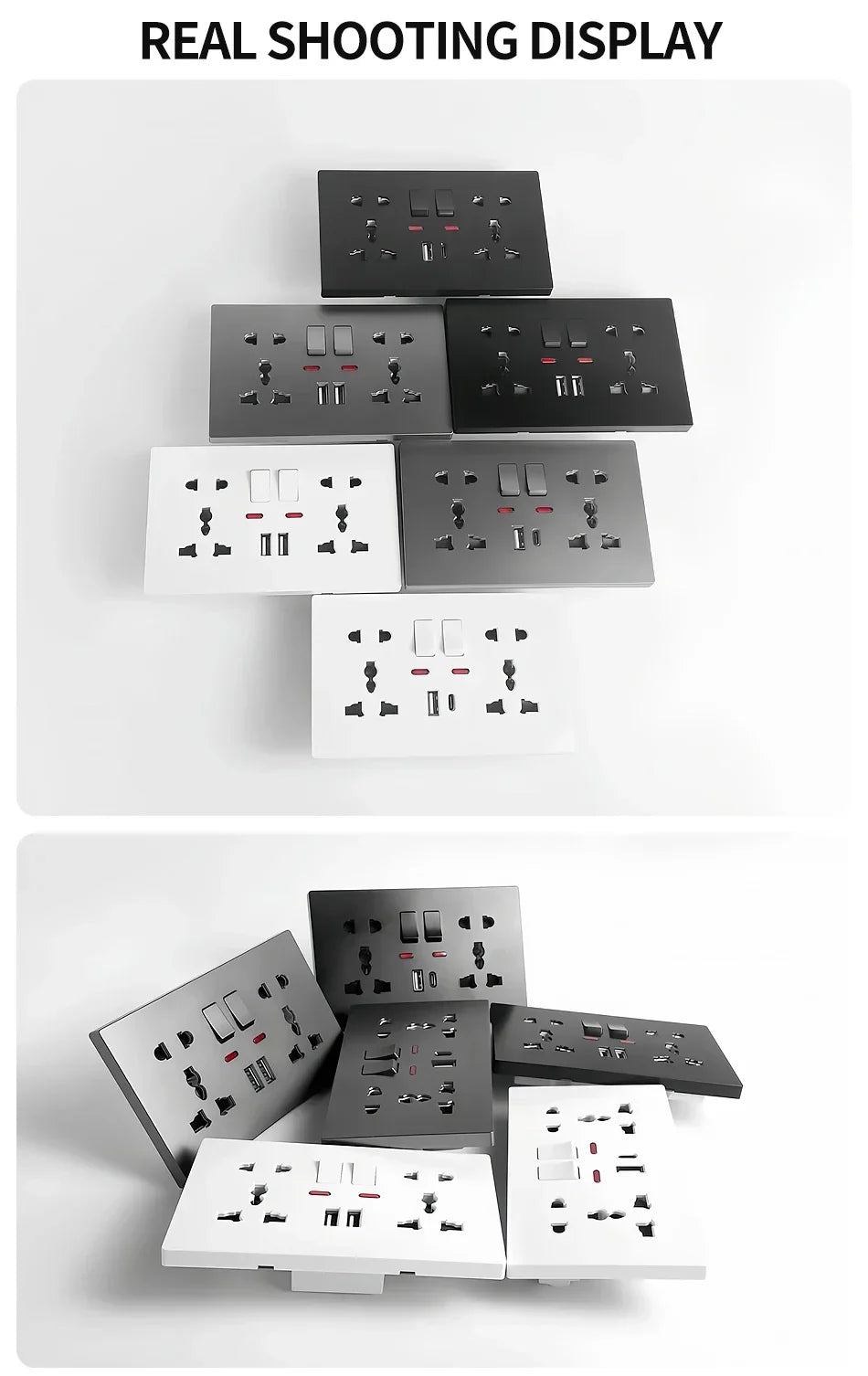 Universal Wall Socket 2‑Gang Power Outlet with Switches, USB‑C Charging Port, LED Indicator, Flush Mount, AC 110‑250V