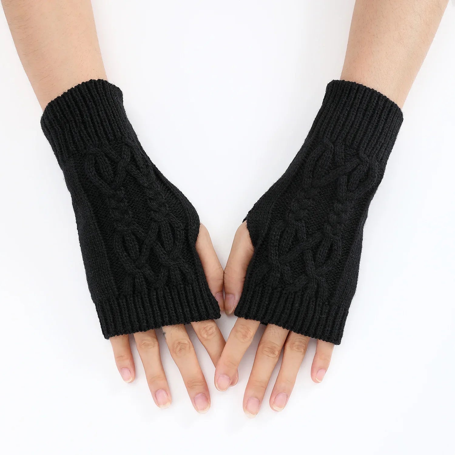 Men Women Stretch Acrylic Knit Stripe Fingerless Mitten Student Couple Winter Warm Twist Flower Half Finger Solid Glove Amagi