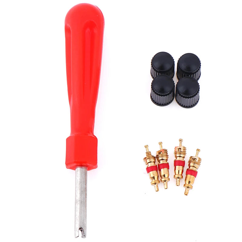 1 Set Tire Valve Service Kit 4 Valve Cores 4 Valve Caps 1 Valve Stem Screwdriver Tire Repair Tool for Car Motorcycle Bus Truck