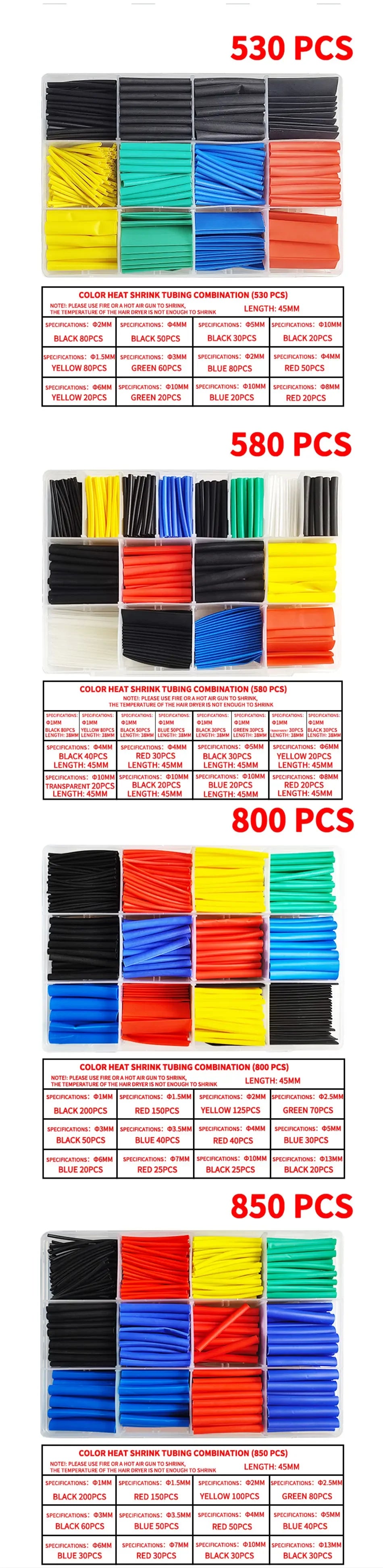 530/560/580/800PCS Heat Shrink Tubing kit 2:1 Shrinkable Wire Shrinking Wrap Tubing Wire Connect Cover Protection