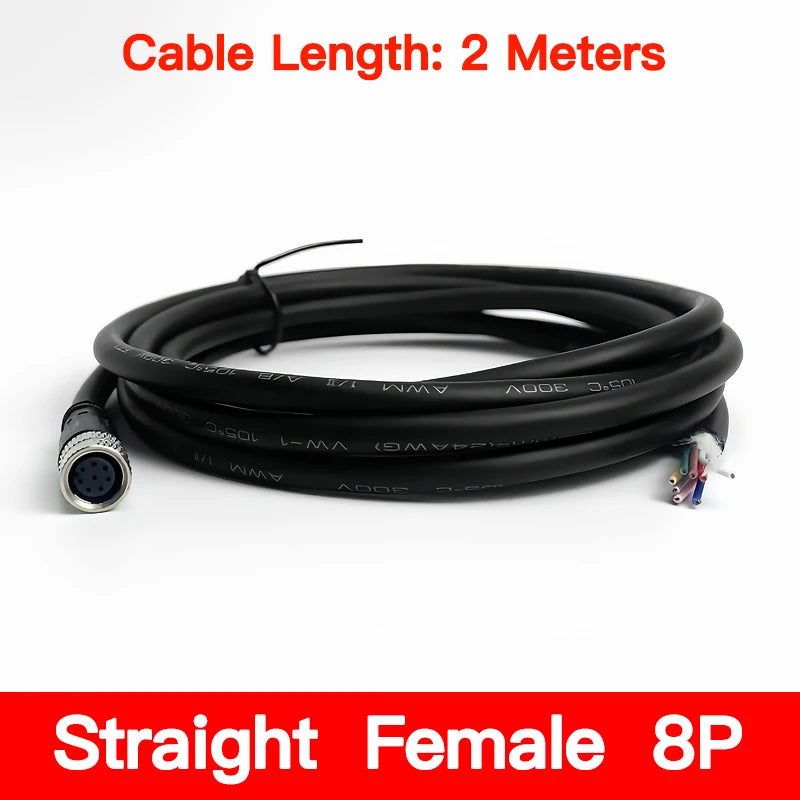 2m M8 Sensor Connector Cable, Straight & Right Angle Options, Male/Female, 3/4/5/6/8 Pin, Waterproof Molded Plug for Industry