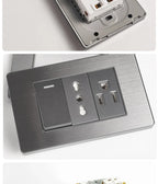 Stainless Steel Wall Socket 118x75mm Italian-Style with USB-C & Schuko Chilean Plug - Brushed Finish for Home/Office