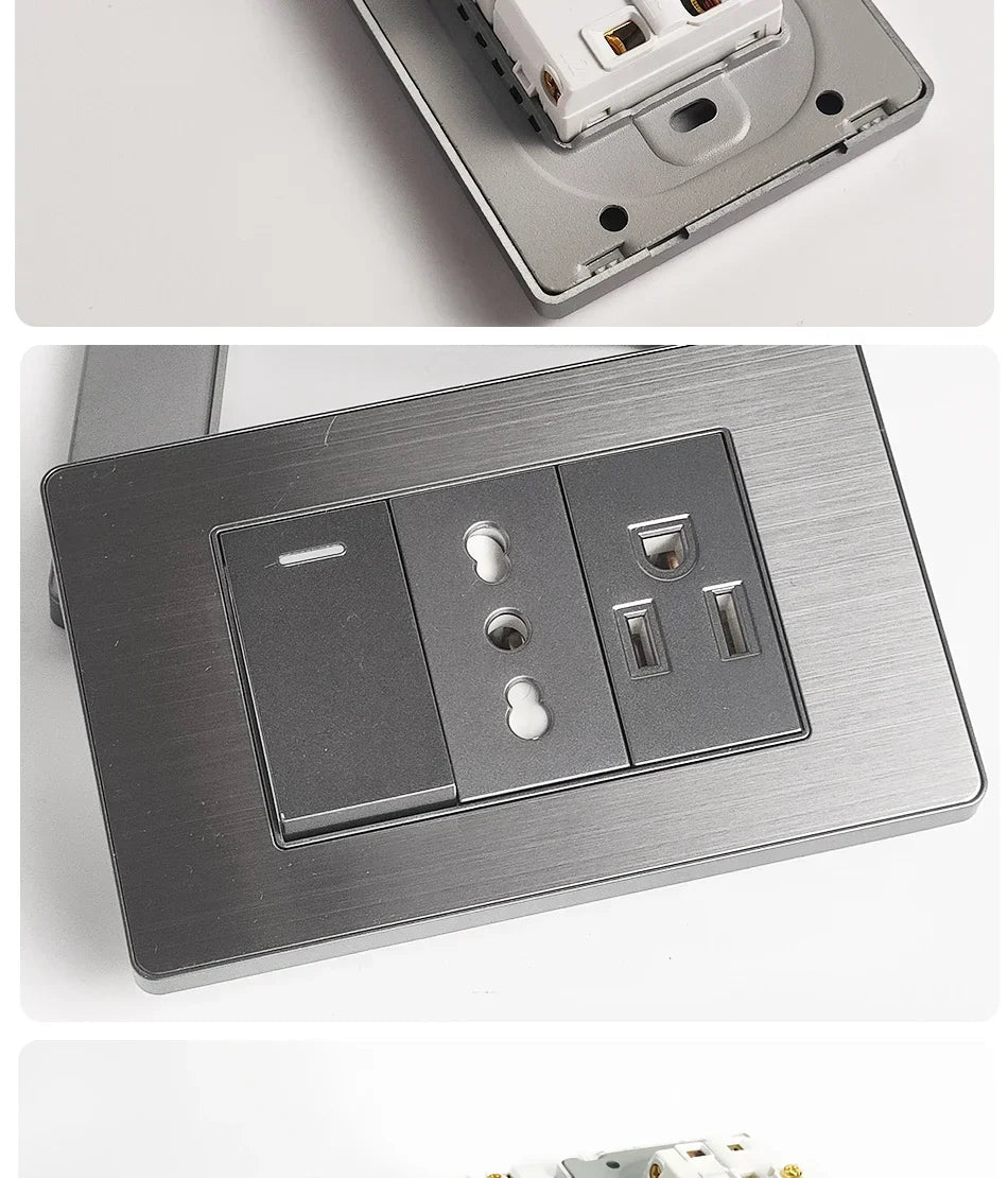 Stainless Steel Wall Socket 118x75mm Italian-Style with USB-C & Schuko Chilean Plug - Brushed Finish for Home/Office