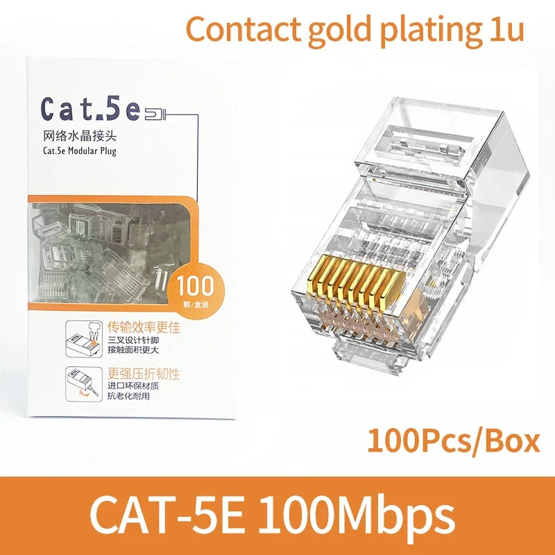 100Pcs Bulk Cat5e/Cat6 RJ45 Connectors Gold Plated for Gigabit Ethernet 100M/1000Mbps High-Speed Network Cable Plug