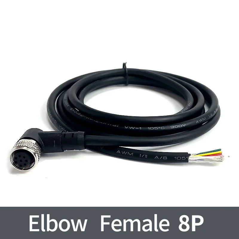 2m M12 Waterproof Sensor Cable, Male & Female Connector, 4/5/8/12 Pin, Integrated Injection Molded for Industrial Automation