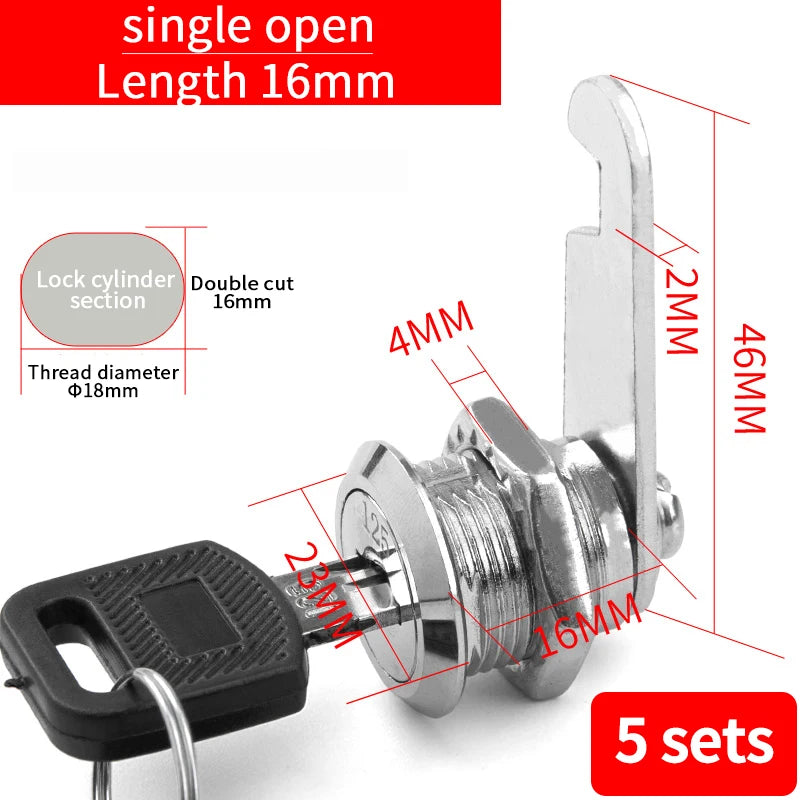 Cabinet Cam Lock Set, 5 Pack Two-Sided Keyed Alike 16MM-30MM Cylinder Cam Locks Secure Mailbox File Drawer Compartment Lock