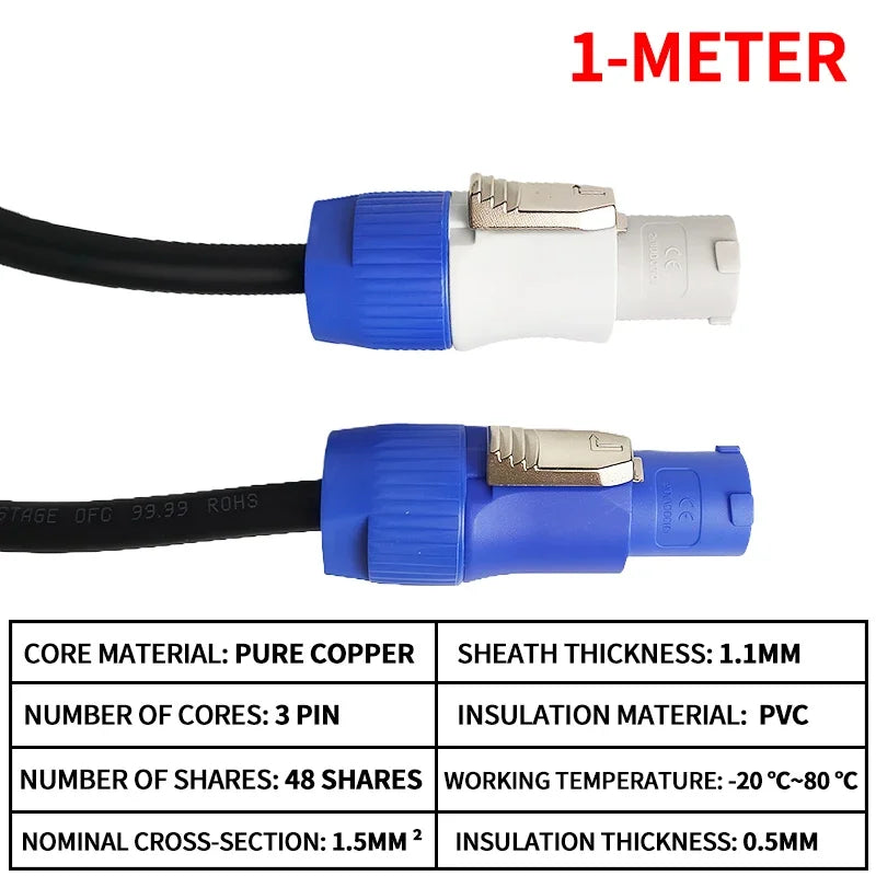 Weatherproof 3-Pin Power Cable (3×1.5mm²) for Stage Audio, Lighting Gear, Beam Projectors & LED Displays