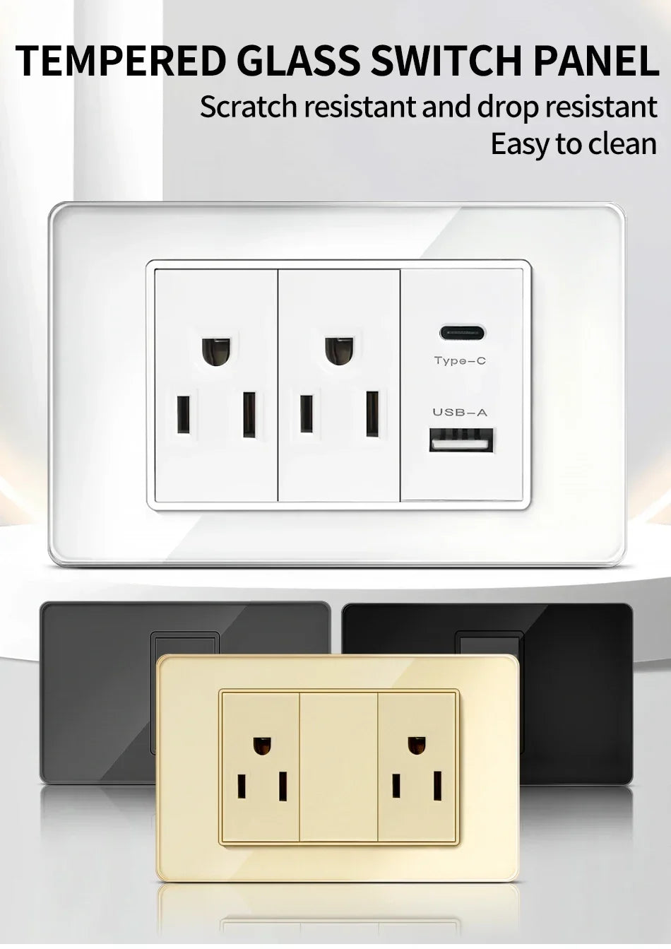 118 Series Glass Panel Wall Switch Socket, US Mexico Standard, USB and Type-C Charging Ports, 1/2/3/4 Gang Options