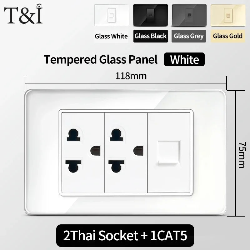 118x75mm Tempered Glass US-Thai Socket: Dual USB-C Ports & 2 AC Outlets for 110V, Scratch-Resistant Panel