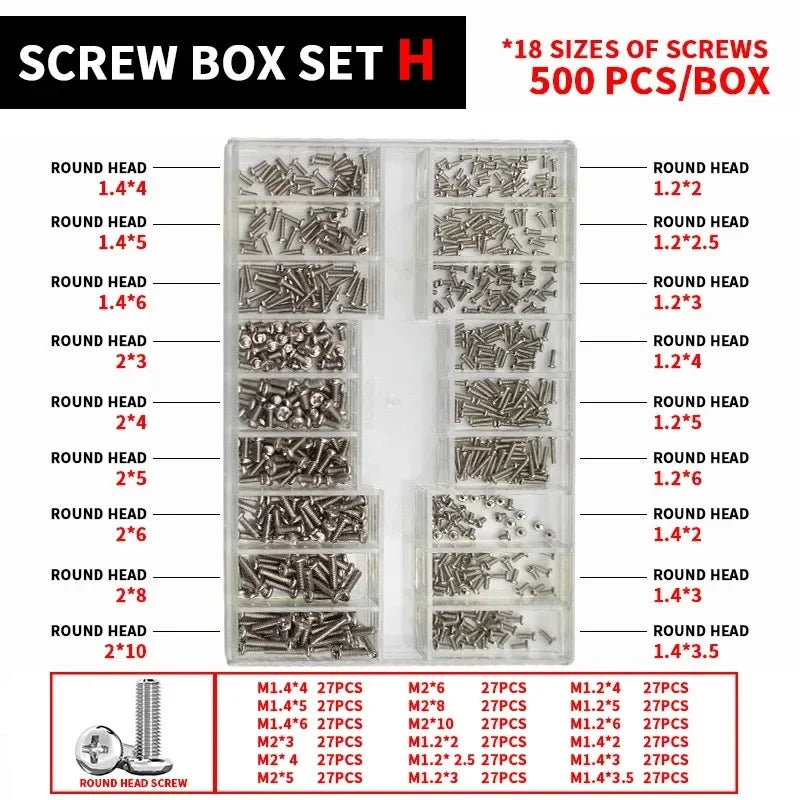 500Pcs/Box M1.2 M1.4 M2 Universal Mini Small Screws Nuts Assortment Kit For Sunglass Watch Eye Glasses Clock Laptop Repair Tools