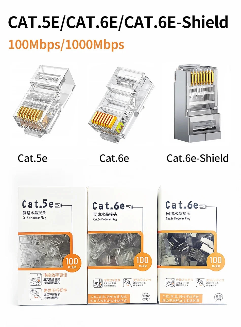 100Pcs Bulk Cat5e/Cat6 RJ45 Connectors Gold Plated for Gigabit Ethernet 100M/1000Mbps High-Speed Network Cable Plug