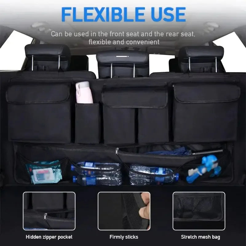 Car Trunk Organizer Rear Seat Back Storage Bag Net High Capacity Hanging Tidying Interior Pouch Auto Accessories Supplies Tools
