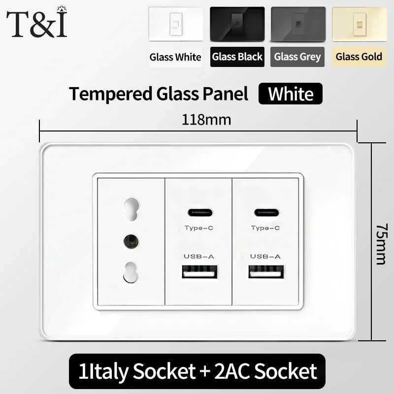 118x75mm Type-C Fast Charging Wall Socket Italy & Chile Schuko Outlet - Tempered Glass Panel Modern Design -Type Switch