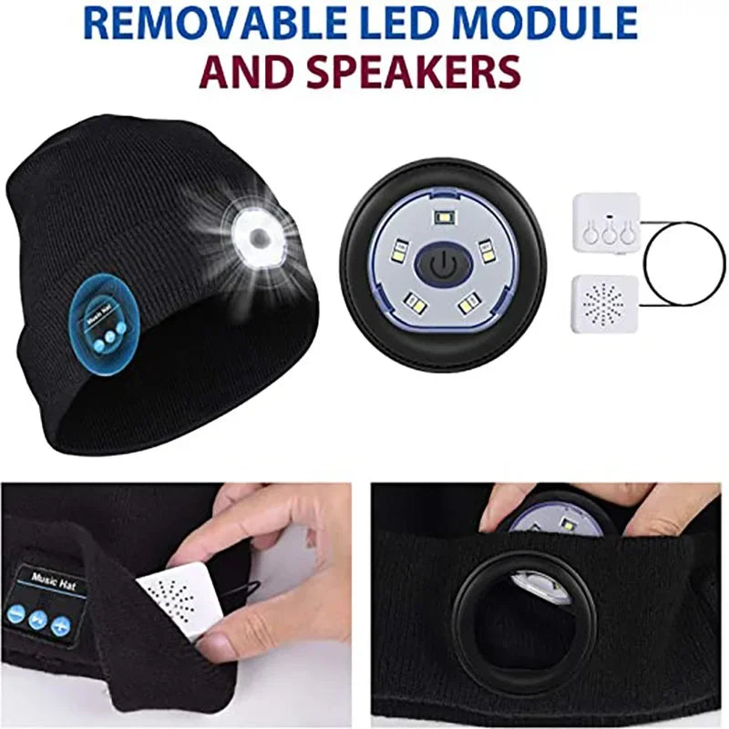 Winter Men Beanie Hat with LED Light Rechargeable Knitted Hat for Woman Cap Night Running Fishing Riding Sports Teenager Beanies