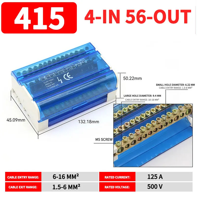 UK207 UK211 UK215 UK407 UK411 UK415 DIN Rail Terminal Block 125A Electrical Junction Box 1 In 2/4/6 Out Distribution Box