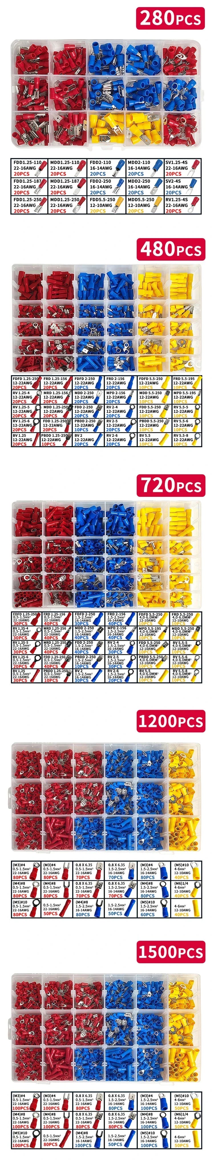 280/480/720/1200pcs Cold Pressed Terminal Kit - Insulated Quick Connect Spade/Ring/Fork Crimp Connectors for Automotive Wiring
