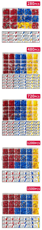 280/480/720/1200pcs Cold Pressed Terminal Kit - Insulated Quick Connect Spade/Ring/Fork Crimp Connectors for Automotive Wiring