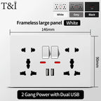 Universal Wall Socket with USB-C and USB Charger, 2 Gang Power Outlet with Switches, Flush Mount AC 110–250V for Home Office Use