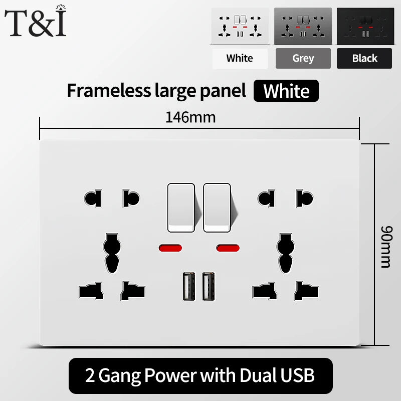 Universal Wall Socket with USB-C and USB Charger, 2 Gang Power Outlet with Switches, Flush Mount AC 110–250V for Home Office Use