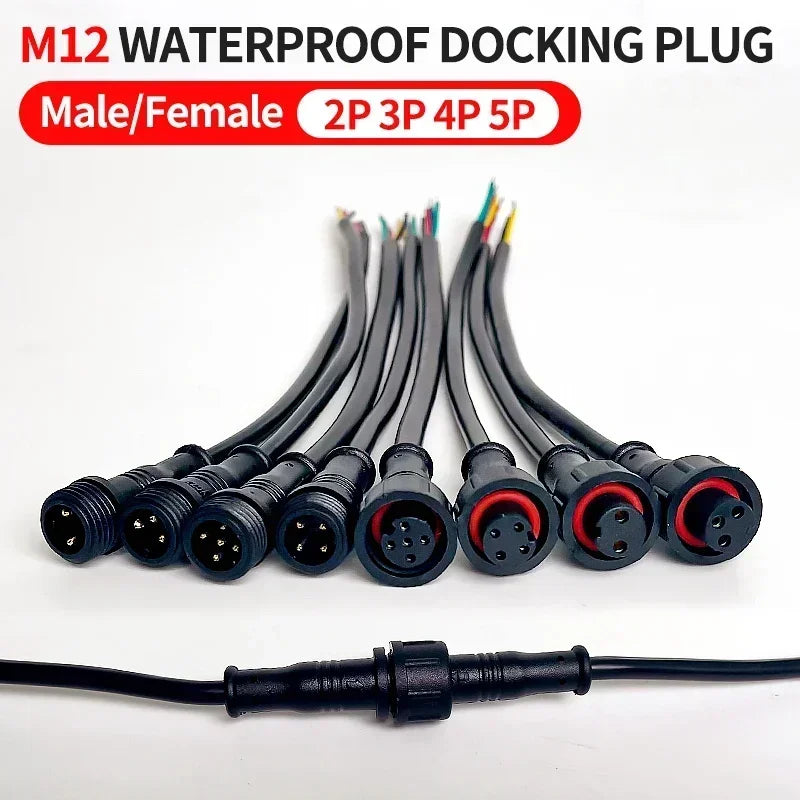 M12 Male-Female Waterproof Adapter 2/3/4/5 Pin - 20cm Length IP65 Cable Head for LED Bar/Neon Light Connection