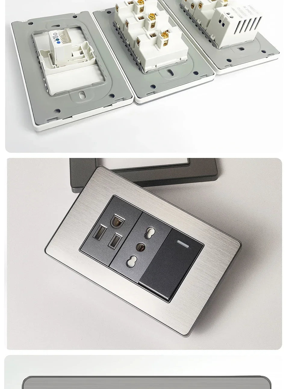 Stainless Steel Wall Socket 118x75mm Italian-Style with USB-C & Schuko Chilean Plug - Brushed Finish for Home/Office