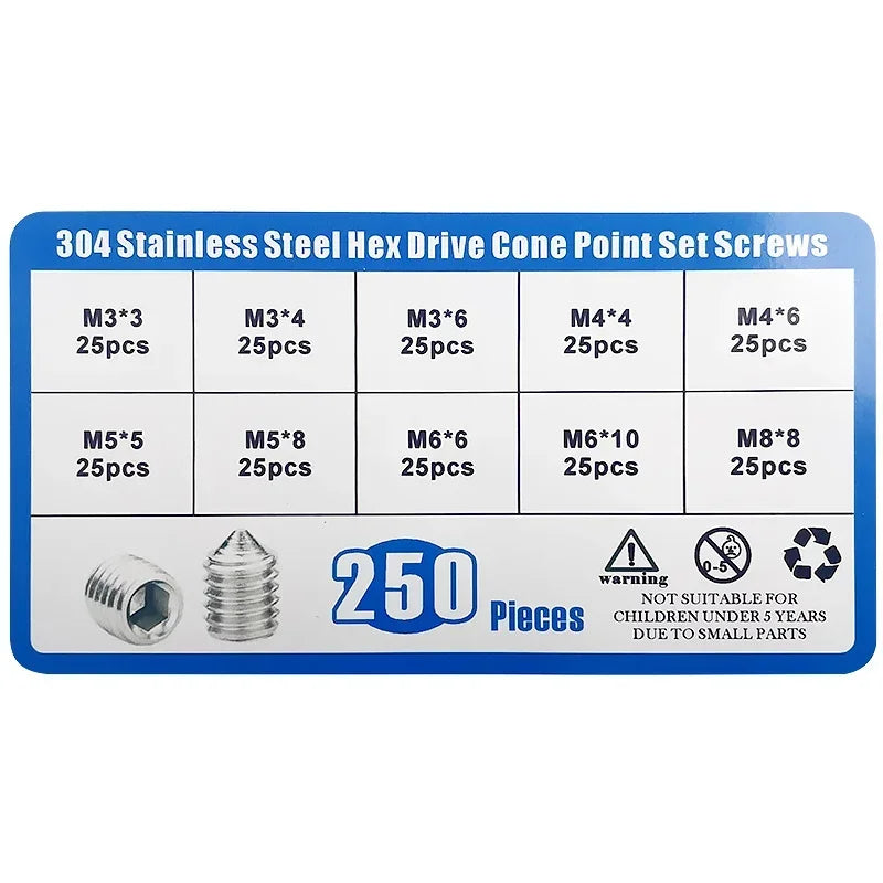 250Pcs/Box M3/M4/M5/M6/M8 Stainless Steel Allen Head Socket Hex Set Grub Screw Assortment Cup Point Set Screws With Plastic Box