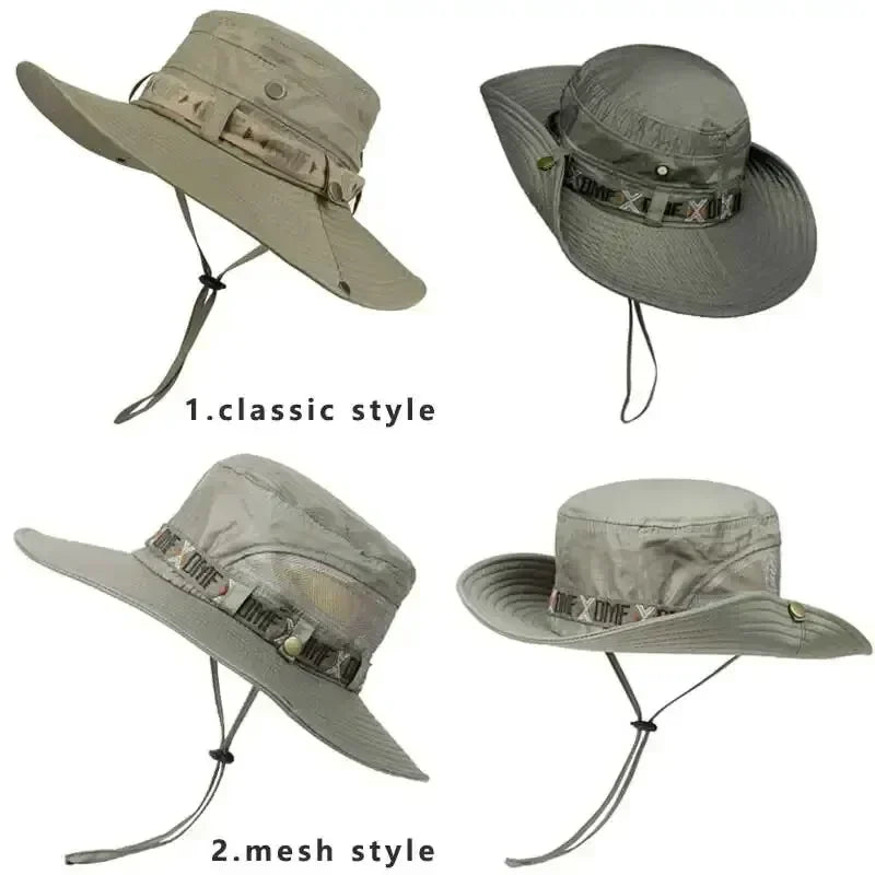 Summer Men Outdoor UV Protection Wide Brim Hiking Hat Mesh Fisherman Hat Beach Sunscreen Cap Summer Bucket Hats Men Amagi