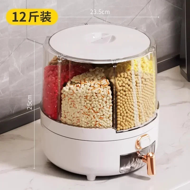 6-Compartment 360° Rotating Airtight Food Storage Container - Moisture-Proof for Cereal, Candy, Rice - Kitchen Pantry Organizer