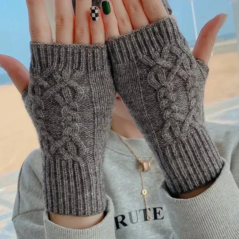 Men Women Stretch Acrylic Knit Stripe Fingerless Mitten Student Couple Winter Warm Twist Flower Half Finger Solid Glove Amagi