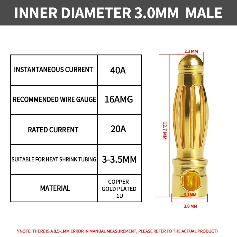 40Pcs Gold-Plated Bullet Banana Connectors, 2–8mm Pure Copper Plug Set for RC Brushless Motor & ESC Wiring