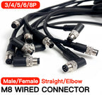 2m M8 Sensor Connector Cable, Straight & Right Angle Options, Male/Female, 3/4/5/6/8 Pin, Waterproof Molded Plug for Industry