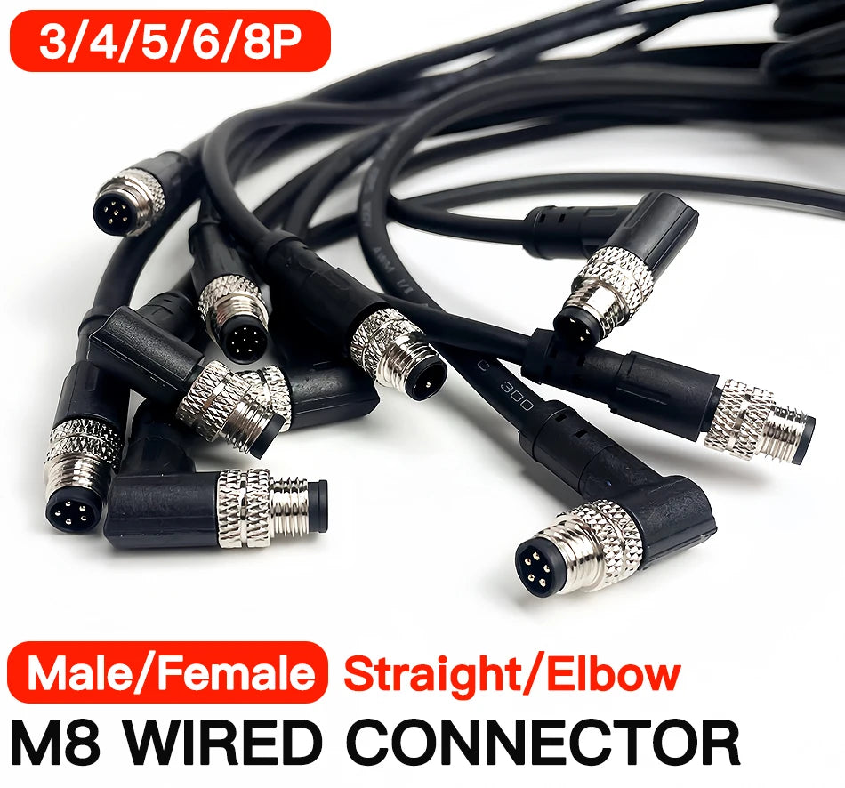 2m M8 Sensor Connector Cable, Straight & Right Angle Options, Male/Female, 3/4/5/6/8 Pin, Waterproof Molded Plug for Industry