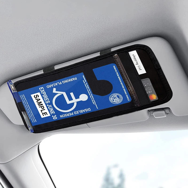 Portable Handicap Placard Holder for Auto Car Visor Disabled Parking Permit Sign Protector with 3 Pockets & 1 Pen Holder
