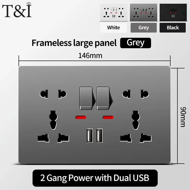 Universal Wall Socket 2‑Gang Power Outlet with Switches, USB‑C Charging Port, LED Indicator, Flush Mount, AC 110‑250V