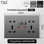 Universal Wall Socket 2‑Gang Power Outlet with Switches, USB‑C Charging Port, LED Indicator, Flush Mount, AC 110‑250V
