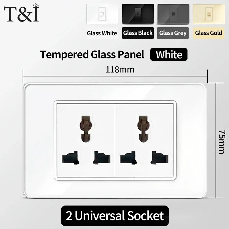 118x75mm Type-C Fast Charging Wall Socket Italy & Chile Schuko Outlet - Tempered Glass Panel Modern Design -Type Switch