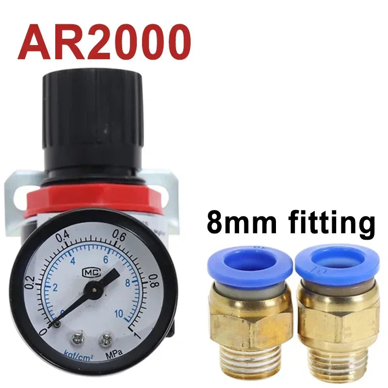 AR2000 Pneumatic Air Compressor Pressure Regulator Reduction Valve with 1/4'' Thread BSP and 4MM,6MM,8MM,10MM,2MM Fittings