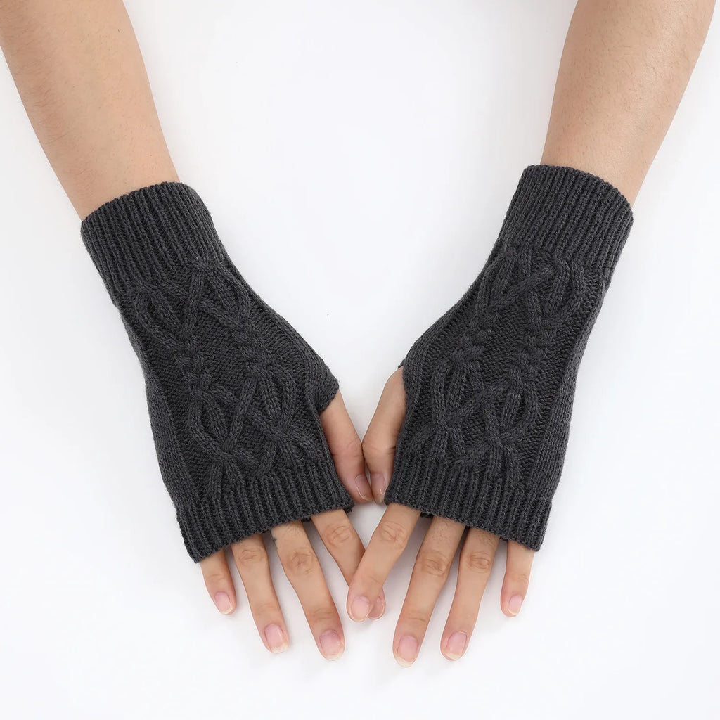 Men Women Stretch Acrylic Knit Stripe Fingerless Mitten Student Couple Winter Warm Twist Flower Half Finger Solid Glove Amagi