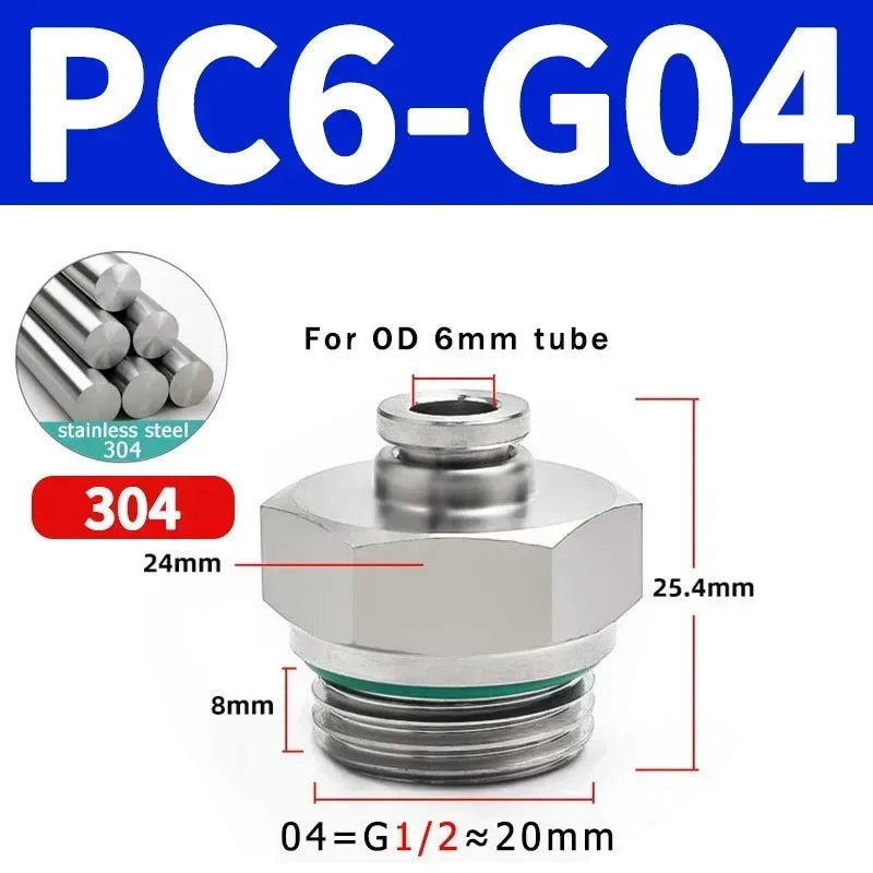 Stainless Steel PC-G Pneumatic Push-In Fitting, Straight Male G Thread Air Tube Connector for Air Compressor & Pneumatic Systems