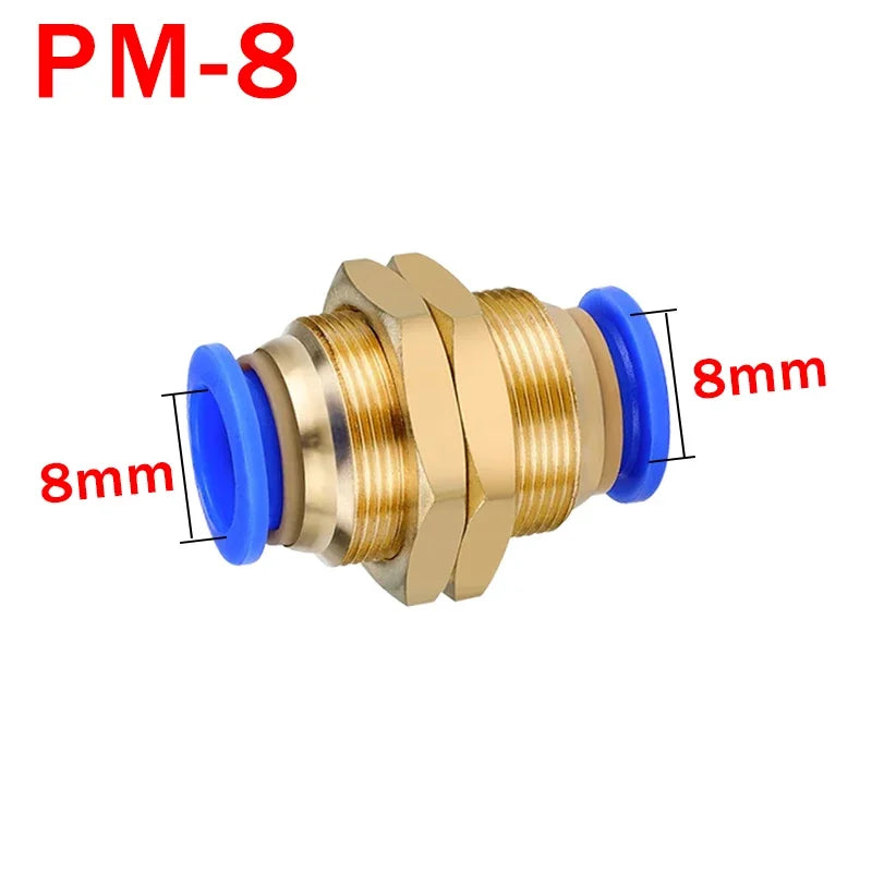 5PCS PM Push to Connect Fittings 4/6/8/10/12mm Bulkhead Union Quick Release Air Connector for 1/8-1/2" Thread Pneumatic Fittings