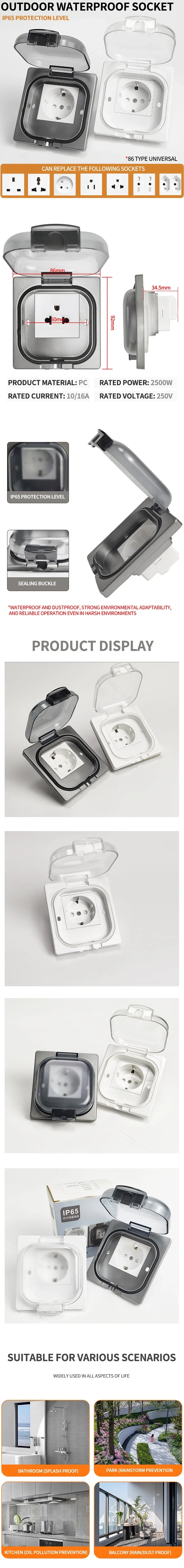 IP65 Waterproof Outdoor Socket- 16A High Power Wall Plate, 250V US/Thai Style 10A Receptacle, Bathroom & Weatherproof Electrical
