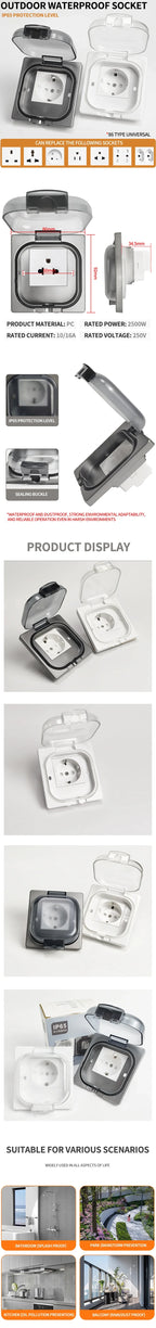 IP65 Waterproof Outdoor Socket- 16A High Power Wall Plate, 250V US/Thai Style 10A Receptacle, Bathroom & Weatherproof Electrical