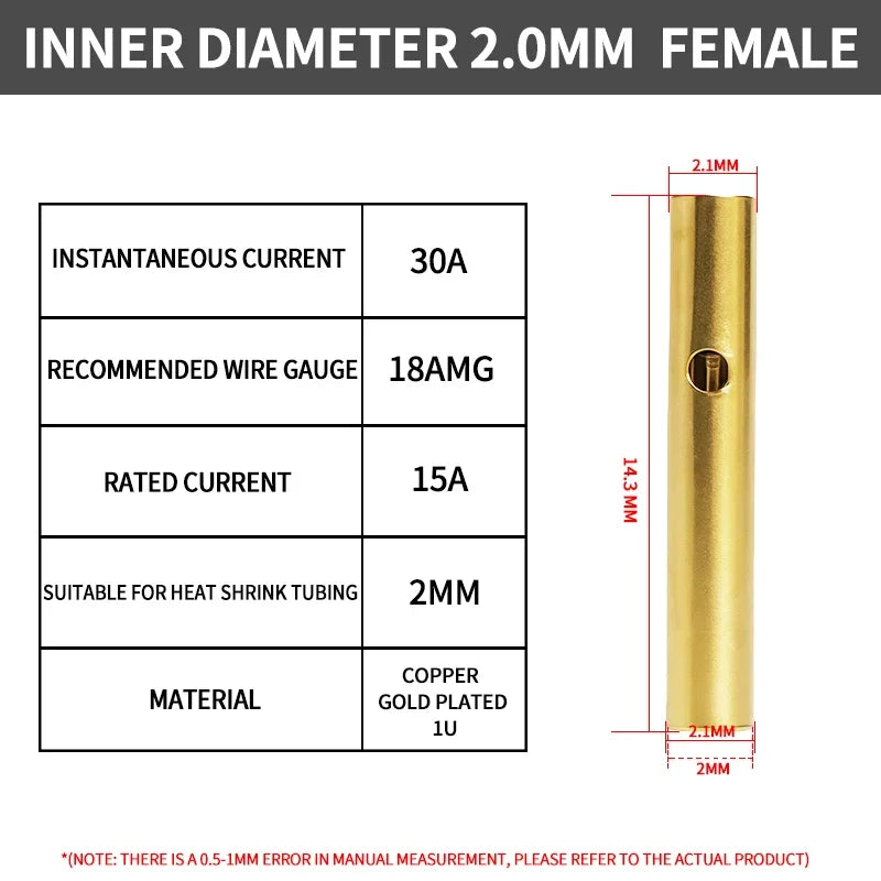 40Pcs Gold-Plated Bullet Banana Connectors, 2–8mm Pure Copper Plug Set for RC Brushless Motor & ESC Wiring