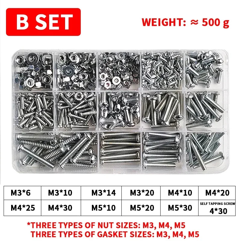 M3-M6 Phillips Pan Head Self-Tapping Screw Assortment Kit with Nuts & Washers - Stainless Steel Fastener Set for DIY/Machinery