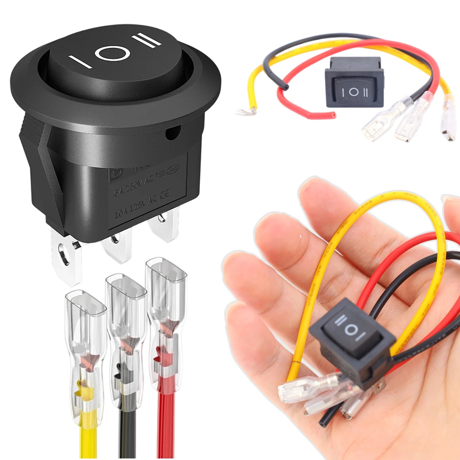 1/2PCS 12V Round Rocker Switch DC SPDT Circle Toggle Switch with Wires for Auto Marine Boat Switches Modified 3 Pin ON Off ON