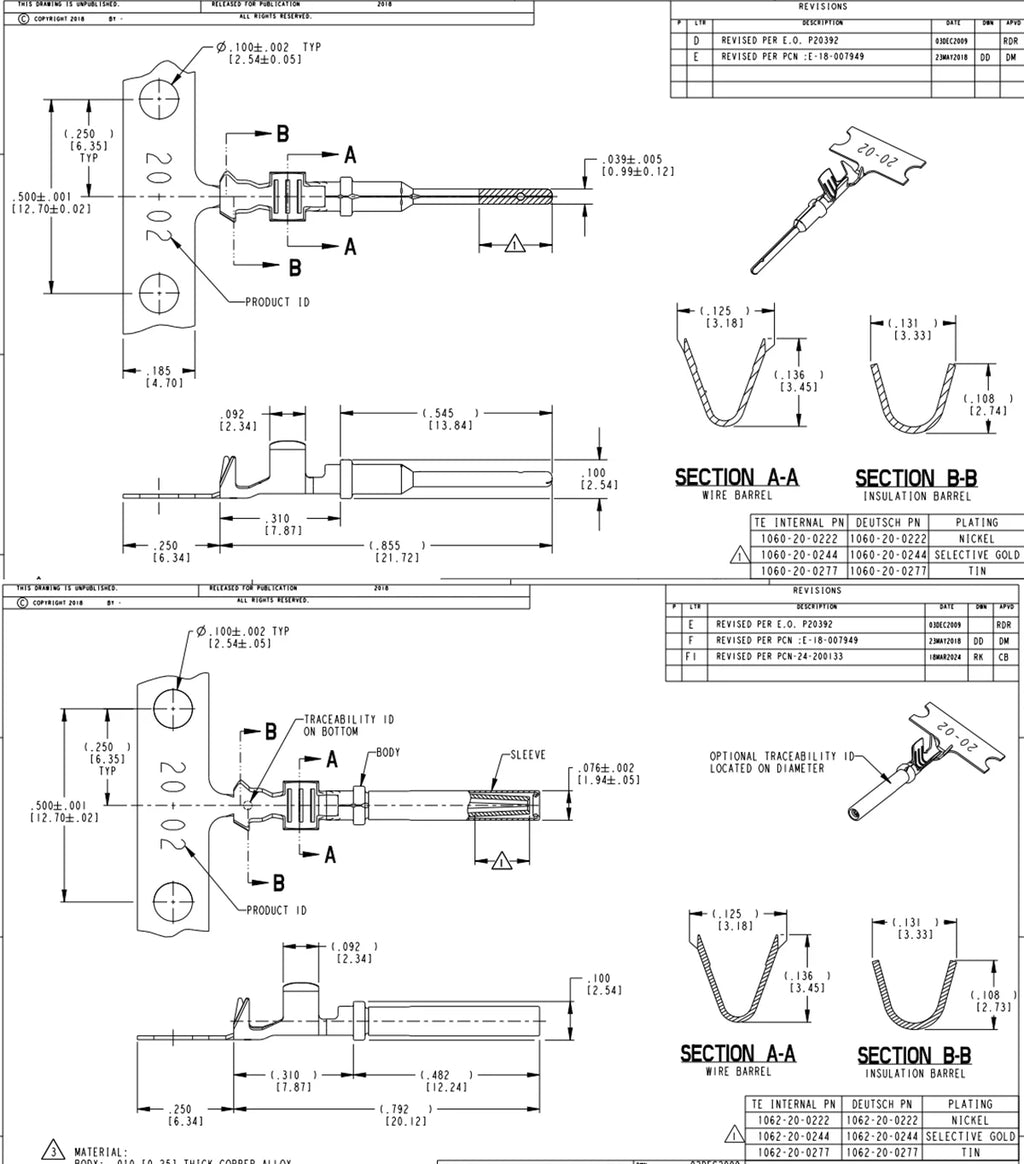 20 Pcs Pin Contact 1062-20-0244 1060-20-0244 brass Gold plating 22-16 AWG Wire Size Crimp Terminals For Deutsch DTM 1.0mm Series