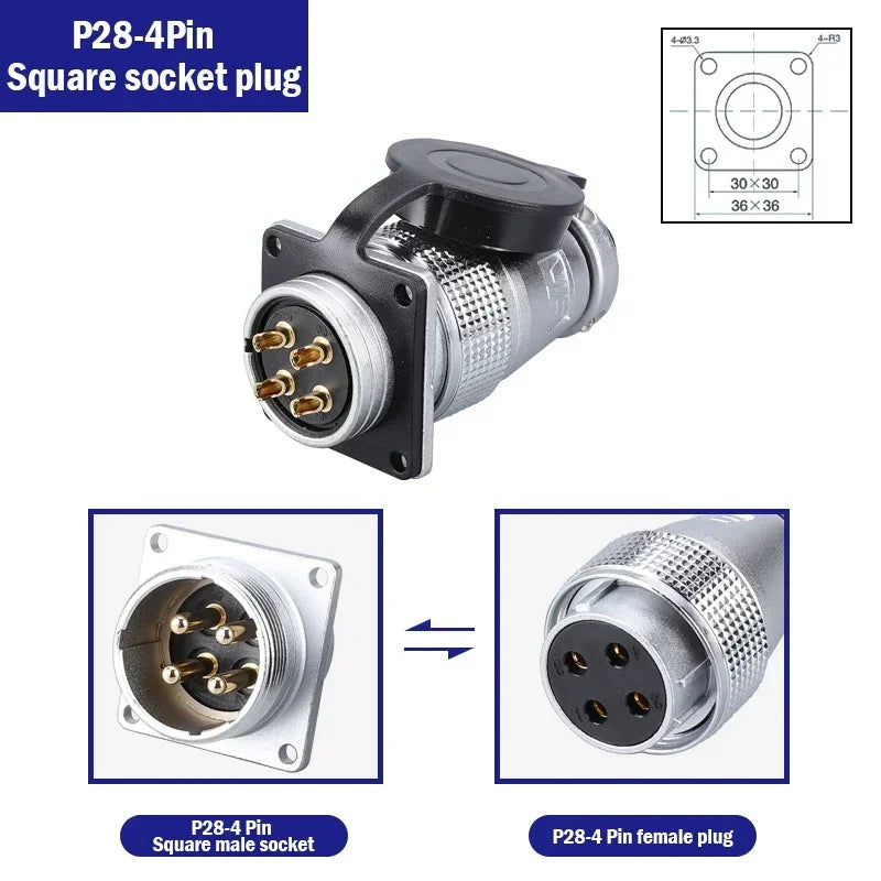 P28 Aviation Connector, Square Flange Socket, Male/Female Circular Butt Joint, 2/3/4/5/7/10/12/14/16/19/20/24 Pin, P28K2Q PLS28