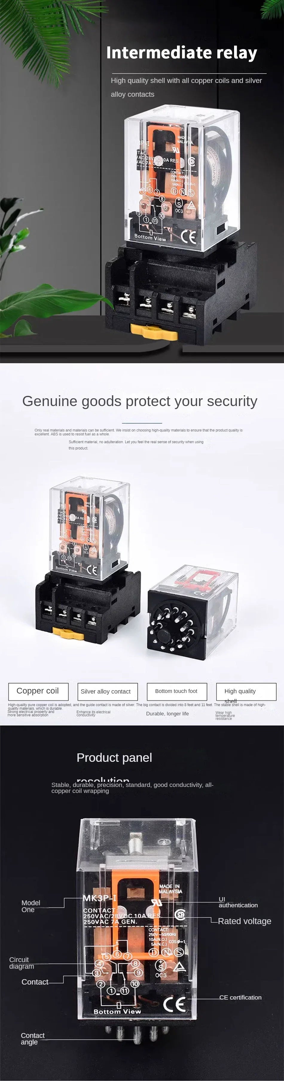 MK2P-I MK3P-I Intermediate Relay, 8/11 Pin Electromagnetic Power Relay with Copper Coil and Silver Contact AC220V DC24V