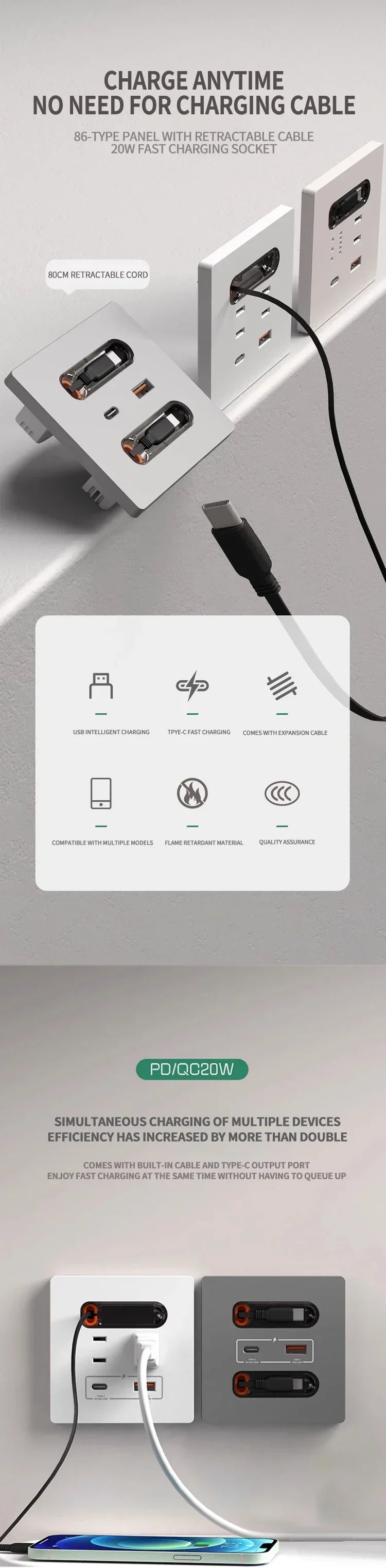 86-Type Wall Socket Panel with 20W USB-C PD & USB-A Ports | 80CM Retractable Cable for iPhone/Android Fast Charging