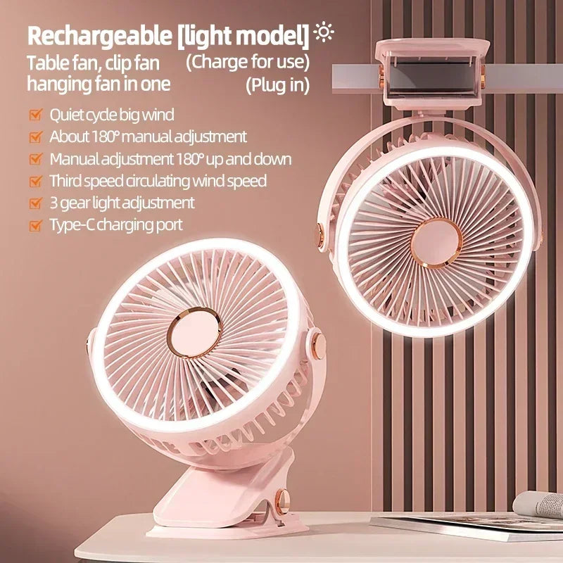 Rechargeable Desktop and Clip on LED Light Fan with Circulating Air Fan, 2000mAh, Portable Wireless Mobile Ceiling Fan Amagi